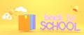 Back to school cartoon banner. Colorful books or stack notebooks on yellow background with bell, sun and clouds