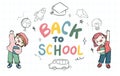 Back to School Cartoon Banner with Cute Doodle Students and Books