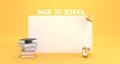 Back to school cartoon banner. White empty blackboard with stack books, graduation cap, ladder, bell and alarm clock on Royalty Free Stock Photo