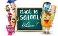 Back to school cartoon characters Vector watercolor. School supplies pen and ruler funny characters illustration