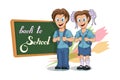 Back to School. Cartoon school girl and boy. Hand drawing of student with a backpack. School kids concept. Happy school children Royalty Free Stock Photo