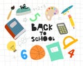 Back to school. Cartoon set for children with thematic elements, hand drawing lettering. Colorful vector illustration, flat style. Royalty Free Stock Photo