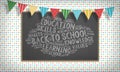 Back to school chalk word cloud, flags and blackboard