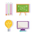 Back to school, chalkboard computer pencils color idea elementary education cartoon icons