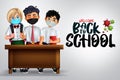 Back to school character vector banner design. Welcome back to school text with 3d student characters standing in desk with face. Royalty Free Stock Photo