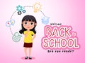 Back to school character vector design. Back to school text with 3d female standing and thinking student with learning and study. Royalty Free Stock Photo