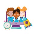 Back to school, characters students computer clock and books backpack elementary education cartoon