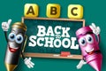 Back to school characters vector banner background. Back to school text in chalkboard element with friendly crayon and pencil.