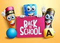 Back to school characters vector banner design. Back to school text with ballpen, pencil and notebook 3d character holding notepad