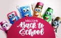 Back to school characters vector template design. Welcome back to school text in space with student supplies 3d character. Royalty Free Stock Photo