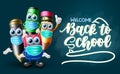 Back to school characters vector template design. Welcome back to school text in space with 3d character like notebook, ball pen. Royalty Free Stock Photo