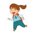 Back to School with Cheerful Girl with Ponytail in Blue Uniform with Backpack Running Vector Illustration