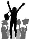 Back to school. Cheerful jumping boy with backpack on background happy children with books and copybooks. Vertical. Vector