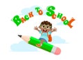Back to school with cheerful schoolboy riding a pencil Royalty Free Stock Photo