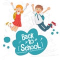 Back to school. Cheerful students are happy and go to school. Students in school uniform