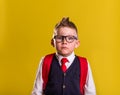 Back to school. Child in uniform with big bag. Funny schoolboy in glasses standing read to go to school Science and