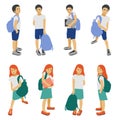 Back to school, children with schoolbags, schollboy kids isolated, pupils boys and girs in different poses with bags