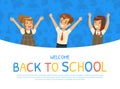 Back to School with Children in Uniform with Raised Hands Vector Template