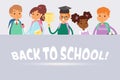 Back to school children vector illustration. Cute multinational pupils with backpacks at lesson with prise goblet. Boys Royalty Free Stock Photo