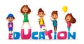 Back to school. Children on the yard. Cartoon vector illustration Royalty Free Stock Photo