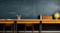 Back to school classroom table with books, pencils, and space for text in front of blackboard. Royalty Free Stock Photo