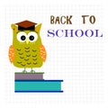 Back to school clip art with lettering text. Wise cute owl on bo