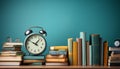 Back to school clock alarm, book stack, learning time generated by AI Royalty Free Stock Photo
