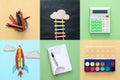 Back to school collage concept. school objects and supply with c