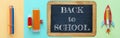 Back to school collage concept. school objects and supply with classroom blackboard. Royalty Free Stock Photo