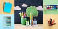 Back to school collage concept. school objects and supply with classroom blackboard.