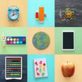 Back to school collage concept. school objects and supply with classroom blackboard. Royalty Free Stock Photo