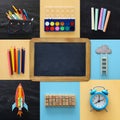 Back to school collage concept. school objects and supply with classroom blackboard. Royalty Free Stock Photo