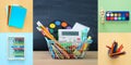 Back to school collage concept. school objects and supply with classroom blackboard. Royalty Free Stock Photo