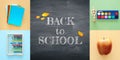 Back to school collage concept. school objects and supply with classroom blackboard. Royalty Free Stock Photo