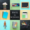 Back to school collage concept. school objects and supply with classroom blackboard.