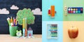 Back to school collage concept. school objects and supply with classroom blackboard. Royalty Free Stock Photo