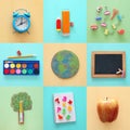 Back to school collage concept. school objects and supply with classroom blackboard. Royalty Free Stock Photo