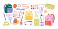 Back to school collection, accessories and stationery. Isolated children education tools, book and backpacks Royalty Free Stock Photo