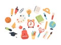 Back to school collection of supplies for children. Cute colorful vector illustration in flat cartoon style Royalty Free Stock Photo