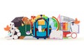 Back to school collection vector illustration. Different school supplies isolated on white. Paint, pencils, notepad, bag