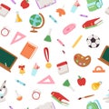 Back to school collection vector seamless pattern. Different school supplies isolated on white. Paint, bag and Royalty Free Stock Photo