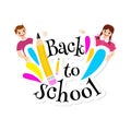 Back to school colorful design template with children. Cute happy kids characters cartoon vector illustration Royalty Free Stock Photo