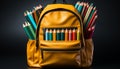 Back to school colorful pencils, paper, and backpack on desk generated by AI Royalty Free Stock Photo