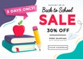 Back to school colorful sale banner with cartoon books, apple, pencil Royalty Free Stock Photo