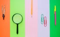 Back to school. Colorful stationary school supplies on different colorful background, space or text flat lay