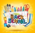 Back to School Colorful Text in White paper with School Items Royalty Free Stock Photo