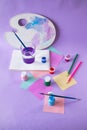Back to school, colorful watercolor paints and gouache, brushes and colored pencils, palette Royalty Free Stock Photo