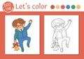 Back to school coloring page for children. Cute funny schoolboy with bell. Vector classroom outline illustration. Autumn color Royalty Free Stock Photo