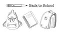 Back to School Coloring Page .Set of childish school Supplies vector illustrations. Backpack, schoolbag, pencils and