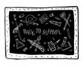 Back to school composition. Blackboard with school stationery. Hand drawn outline doodle sketch vector illustration